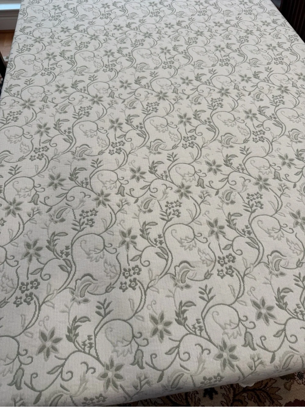 Floral Vine Jacquard Tablecloth sage green white reversible 83” x64” cotton blnd